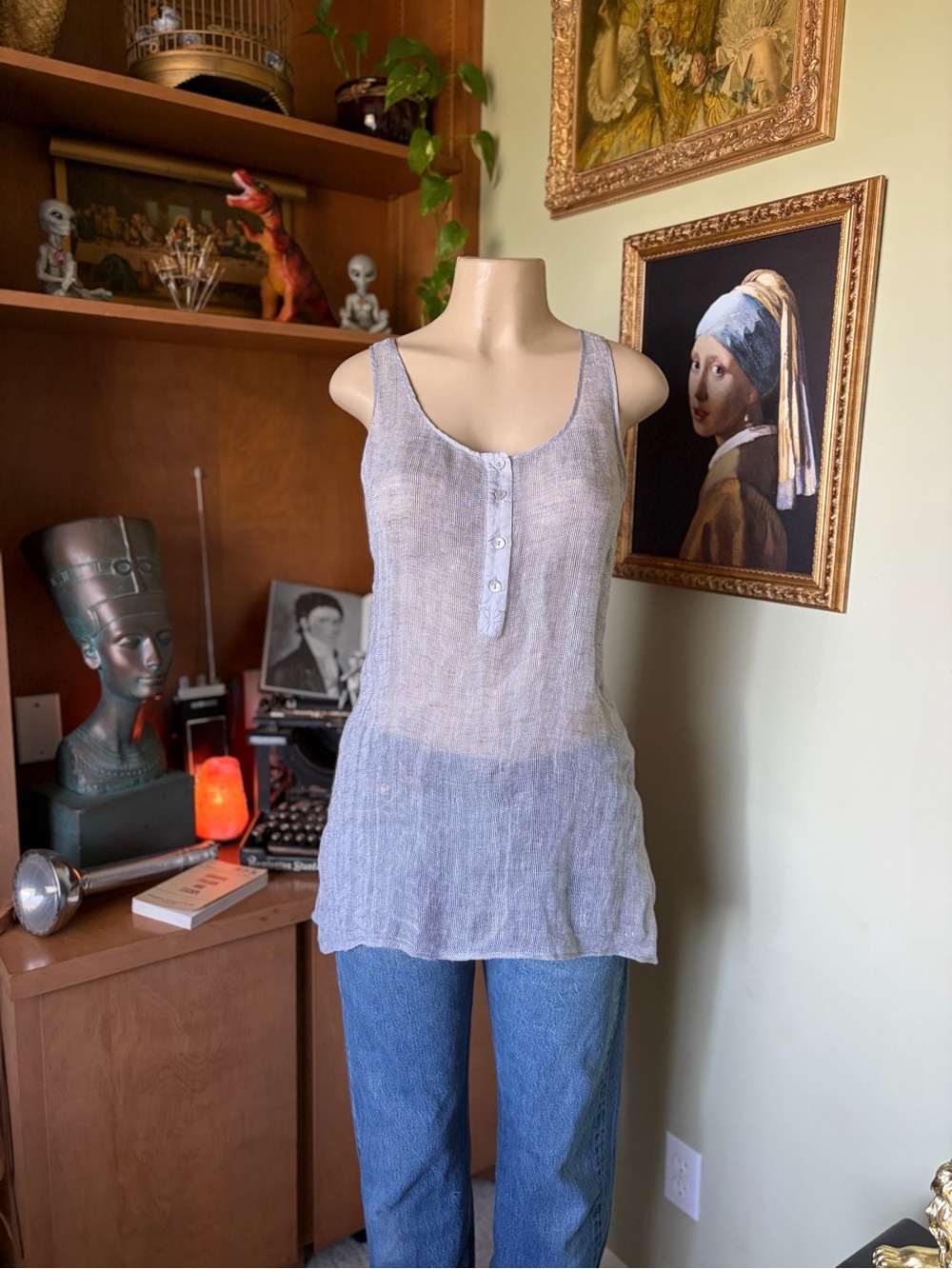 Eileen Fisher Gray Silver Mesh Linen Henley Tank Top Womans Size S Minimalist - Picture 5 of 16